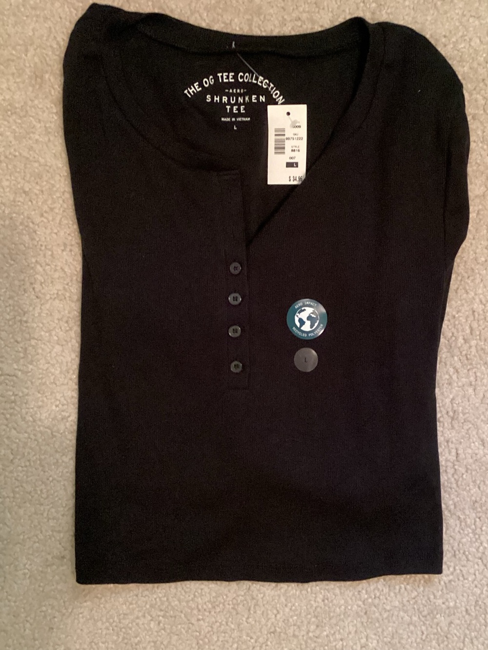 Aero The OG NWT Tee Collection Ladies Shrunken Button Up Black Tee Size L